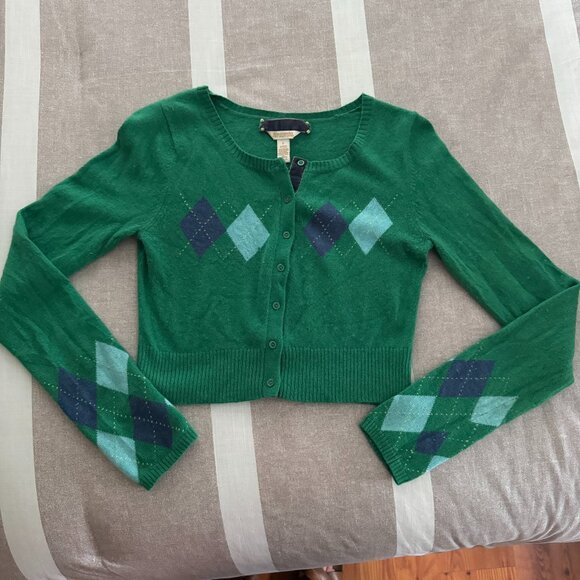 RARE Vintage-Inspired A&F Green Argyle Cropped Cardigan Preppy Y2K Vibes! Size L - Picture 1 of 5